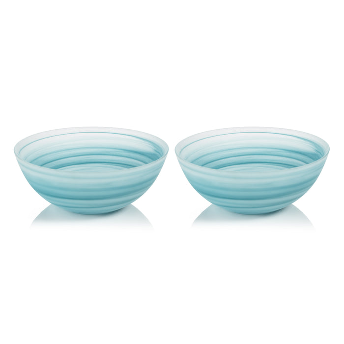 Two light blue ceramic bowls on a white background