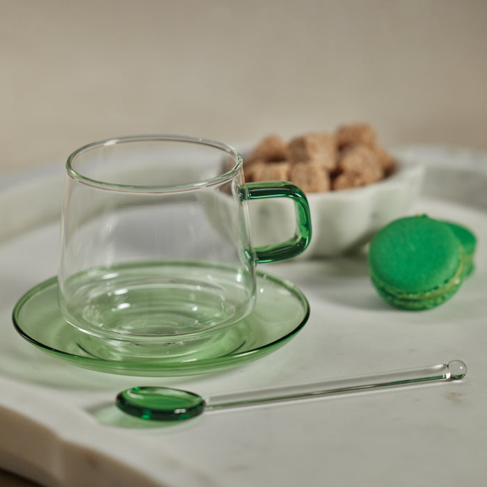 Zodax Bergamo Glass Tea & Coffee Cups and Saucers, Green, Set of 4