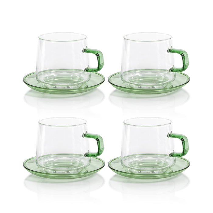 Zodax Bergamo Glass Tea & Coffee Cups and Saucers, Green, Set of 4