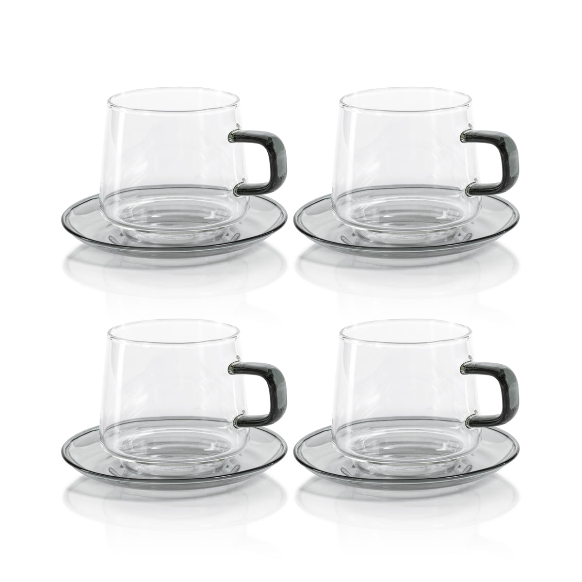 Zodax Bergamo Glass Tea & Coffee Cups and Saucers, Gray, Set of 4