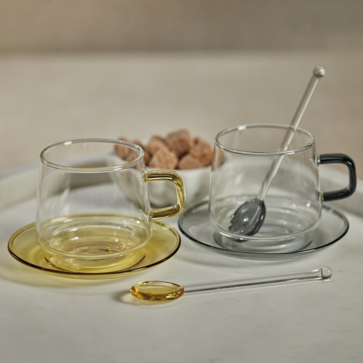 Zodax Bergamo Glass Tea & Coffee Cups and Saucers, Yellow, Set of 4