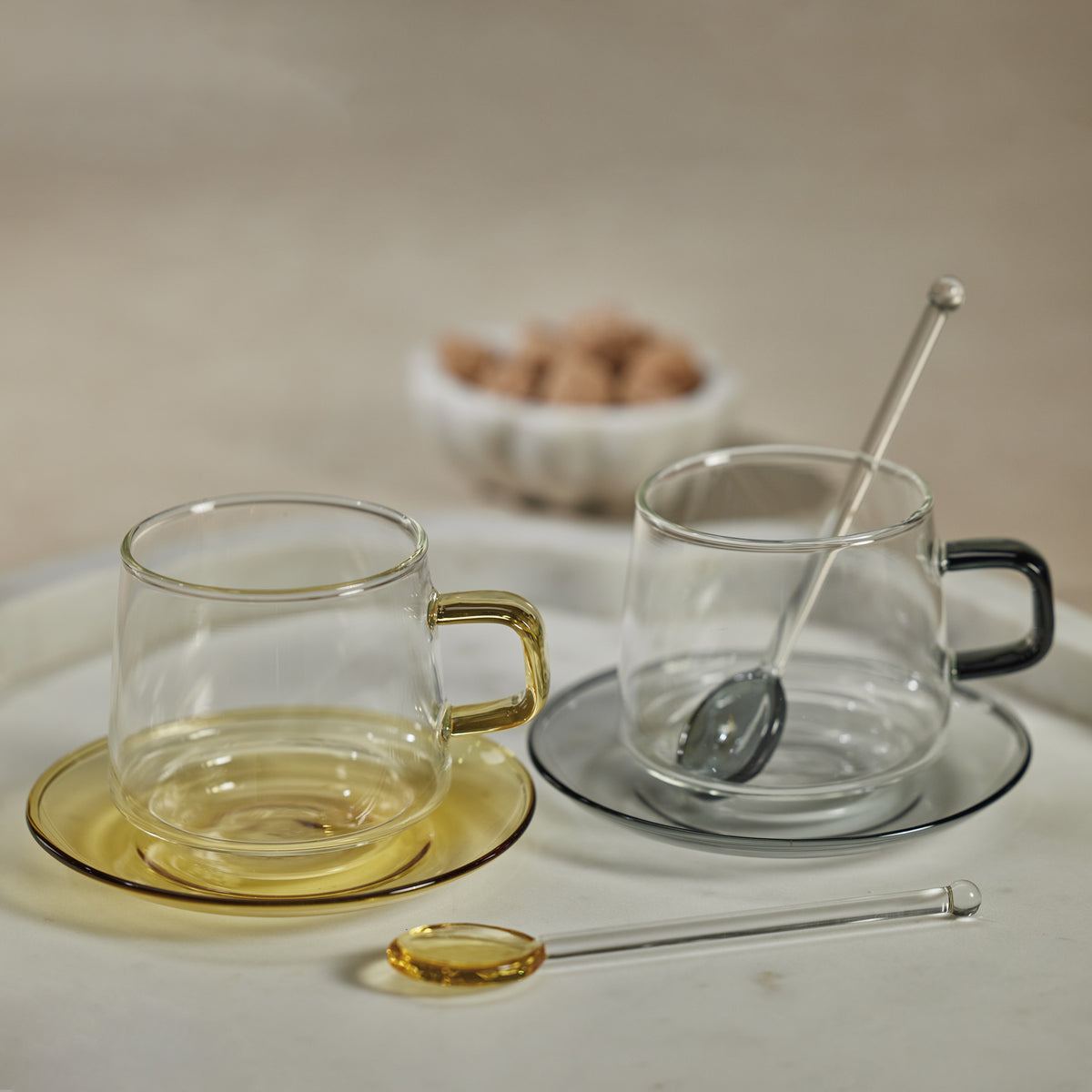 Zodax Bergamo Glass Tea & Coffee Cups and Saucers, Yellow, Set of 4