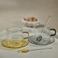Zodax Bergamo Glass Tea & Coffee Cups and Saucers, Yellow, Set of 4