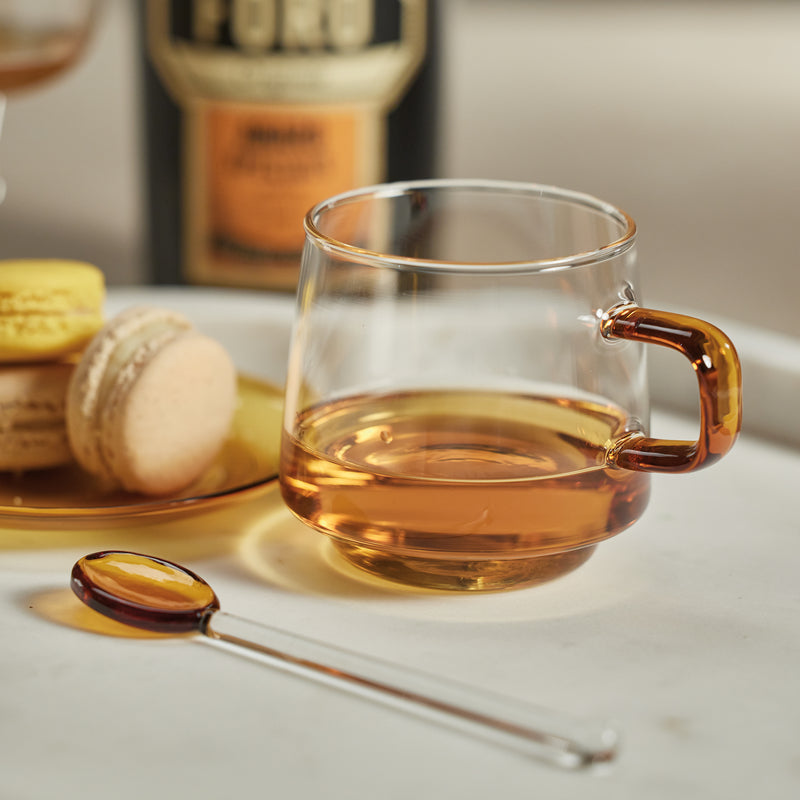Zodax Bergamo Glass Tea & Coffee Cups and Saucers, Amber, Set of 4