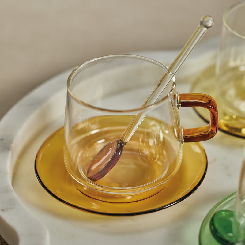 Zodax Bergamo Glass Tea & Coffee Cups and Saucers, Amber, Set of 4