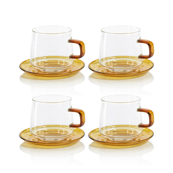 Zodax Bergamo Glass Tea & Coffee Cups and Saucers, Amber, Set of 4