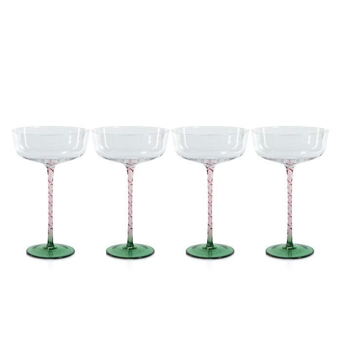 Zodax Sachi Cocktail / Martini Glasses, Green & Pink, Set of 4