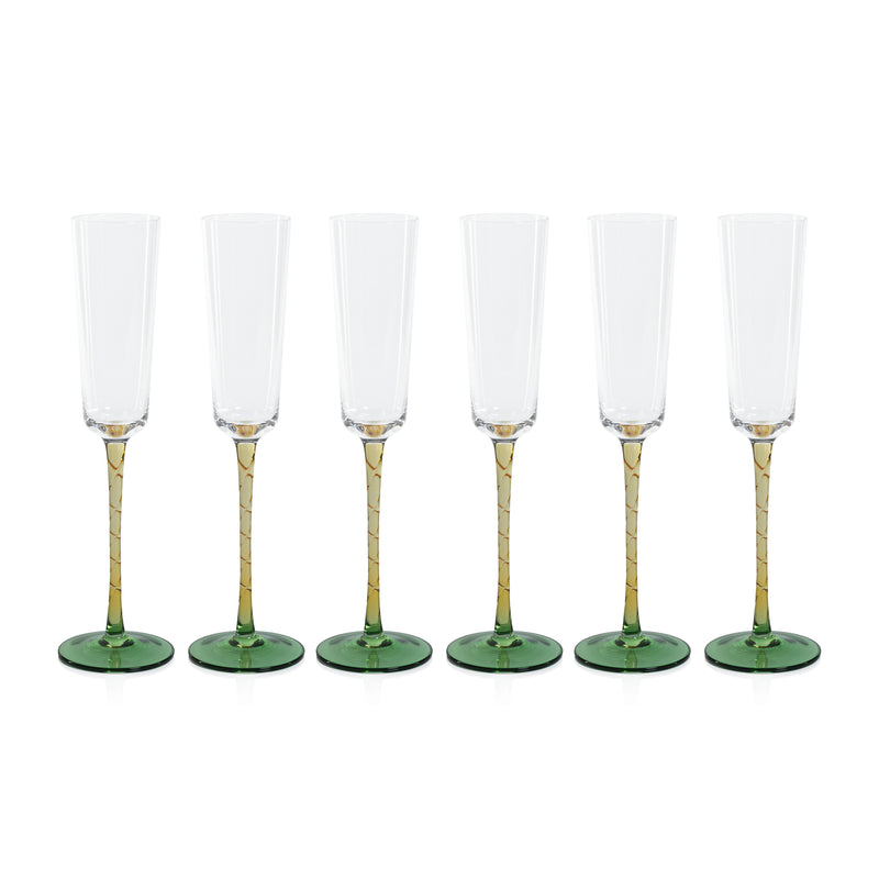 Zodax Sachi Champagne Flutes, Green & Amber, Set of 6