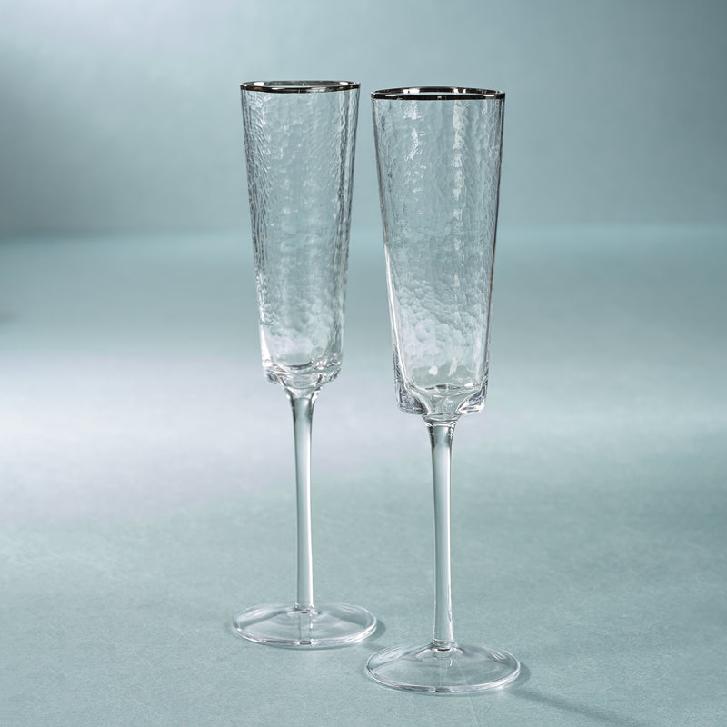 Zodax Kampari Triangular Champagne Flutes  with Platinum Rim, Set of 4