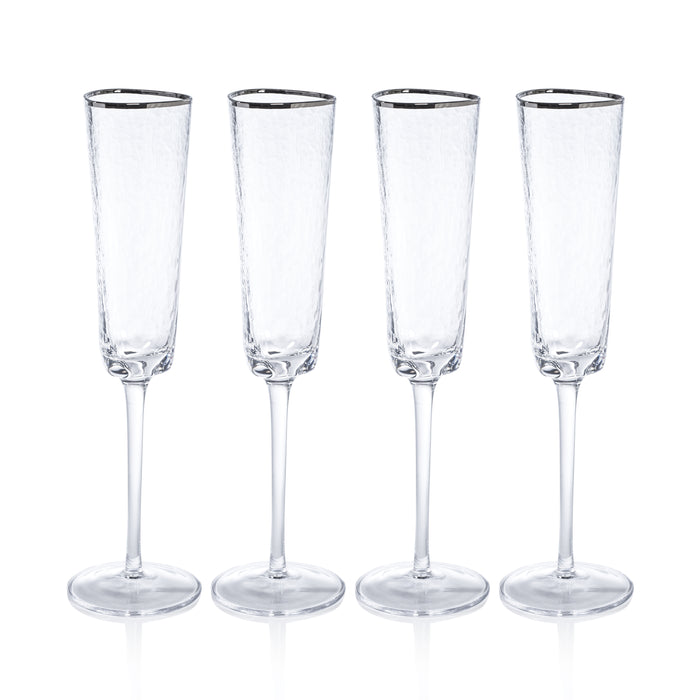 Zodax Kampari Triangular Champagne Flutes  with Platinum Rim, Set of 4