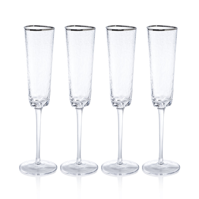 Zodax Kampari Triangular Champagne Flutes  with Platinum Rim, Set of 4