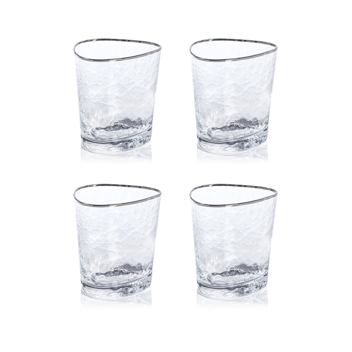 Zodax Kampari Triangular Double Old Fashioned Glasses with Platinum Rim, Set of 4