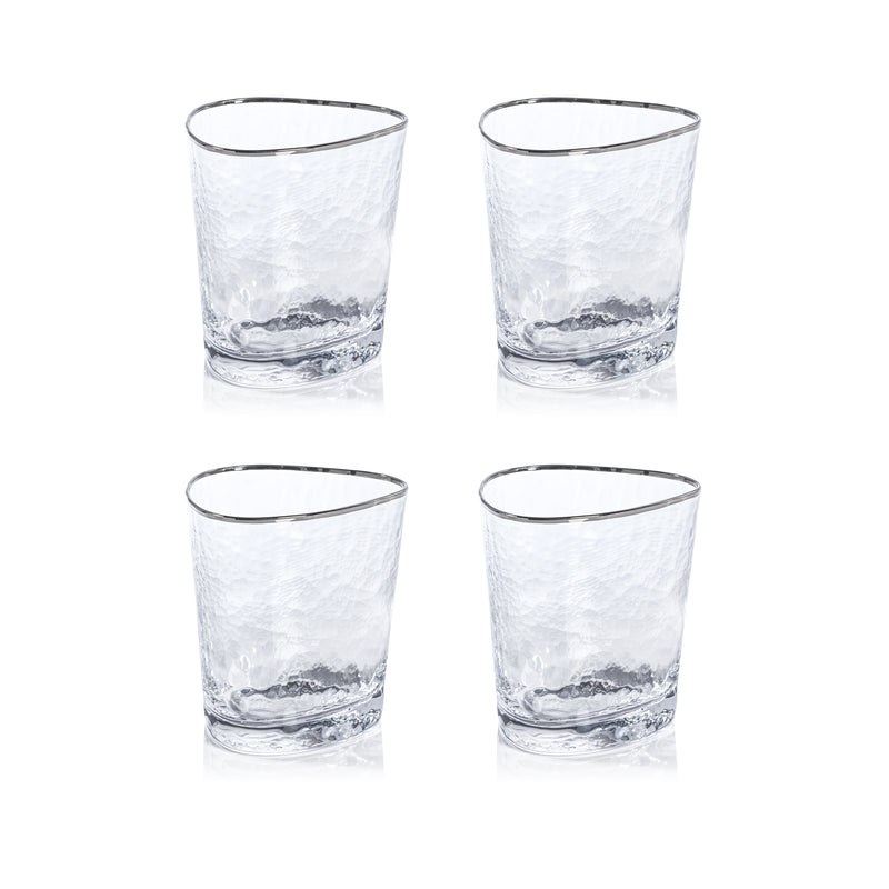 Zodax Kampari Triangular Double Old Fashioned Glasses with Platinum Rim, Set of 4