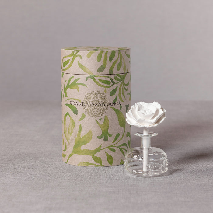 A vintage-styled porcelain diffuser with a floral design, alongside its packaging box which has a matching floral pattern. The diffuser is white and the box has a green floral pattern.