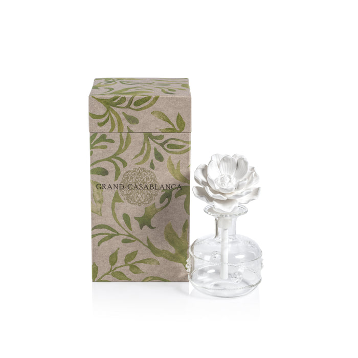 Glass diffuser bottle with a clear spherical base and a white flower cap beside a patterned beige box with green leafy