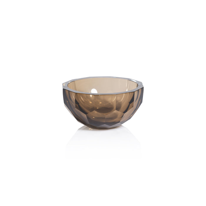 Hazel brown cut-glass bowl with faceted exterior, open top, reflective inner surface on white background.