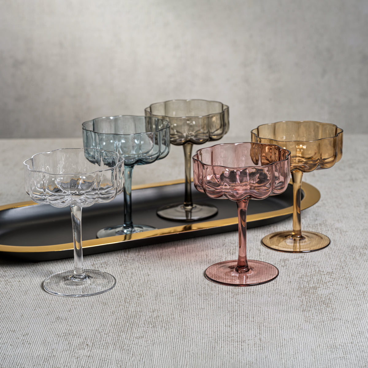 Zodax Reinhard 4-Piece Set Handblown Coupe Glasses, Smoke