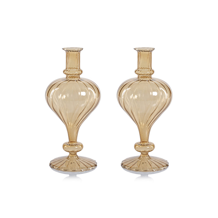 Zodax Vellum 2-Piece Set Large Light Amber Spiral Glass Vases, Large, Turnip Shape
