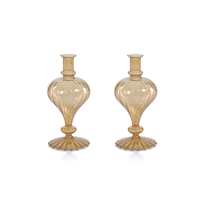 Zodax Vellum 2-Piece Set Small Light Amber Spiral Glass Vases, Turnip Shape, Small, Light Amber