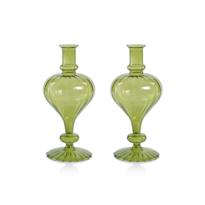 Zodax Vellum 2-Piece Set Large Green Spiral Glass Vases, Turnip Shape, Large, Green