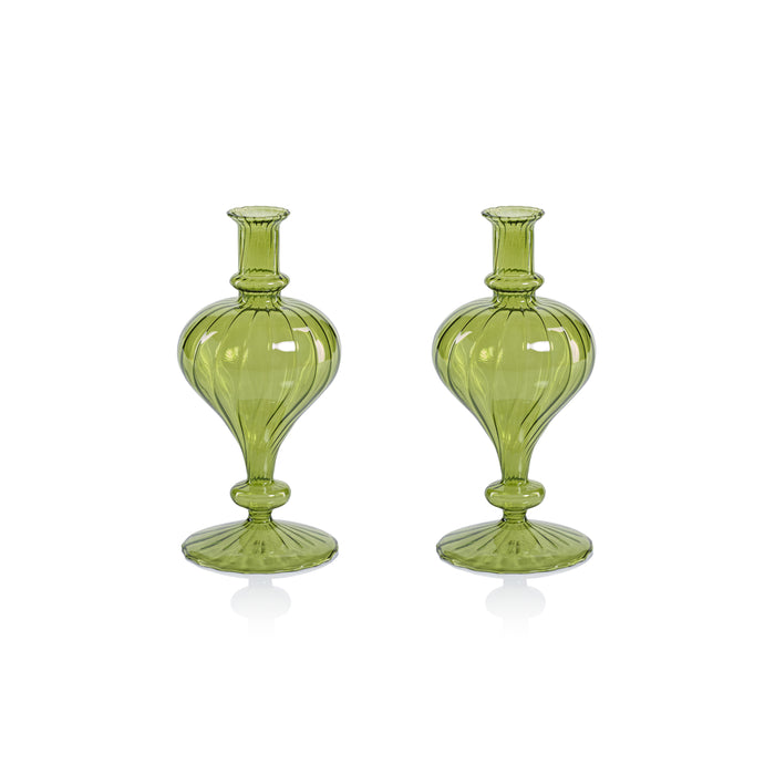 Zodax Vellum 2-Piece Set Small Green Spiral Glass Vases, Turnip Shape, Small, Green