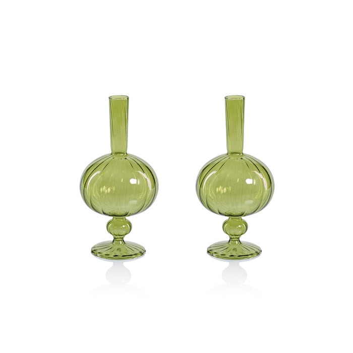 Zodax Vellum 2-Piece Set Large Green Spiral Glass Vases, Onion Shape, Large, Green