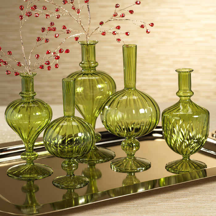 Zodax Vellum 2-Piece Set Small Green Spiral Glass Vases, Onion Shape, Small, Green