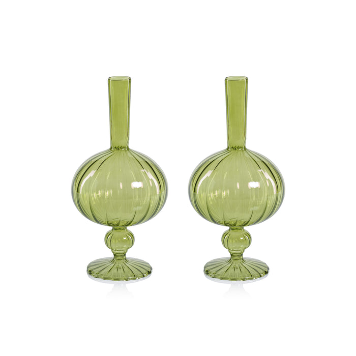 Zodax Vellum 2-Piece Set Small Green Spiral Glass Vases, Onion Shape, Small, Green