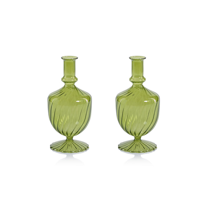 Zodax Vellum 2-Piece Set Green Spiral Glass Vases, Urn Shape, Green
