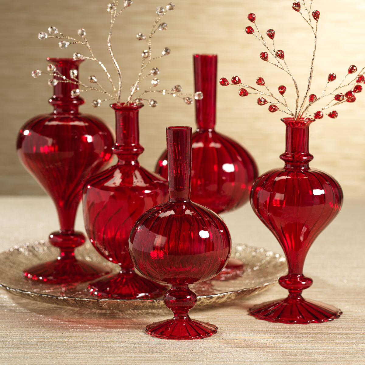 Zodax Vellum 2-Piece Set Large Red Spiral Glass Vases, Turnip Shape, Large, Red