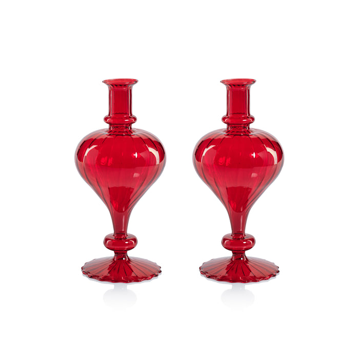 Zodax Vellum 2-Piece Set Large Red Spiral Glass Vases, Turnip Shape, Large, Red