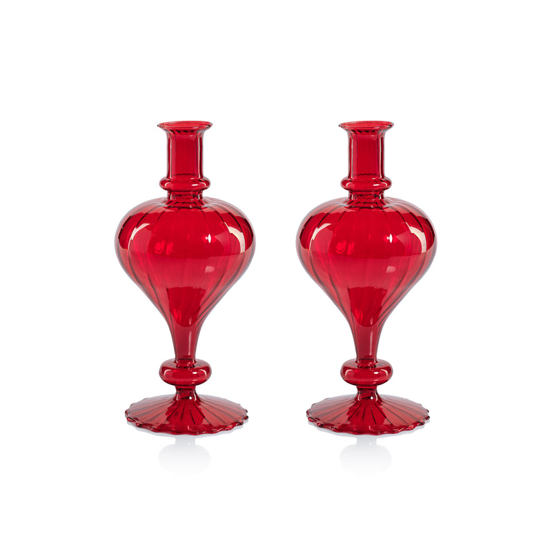 Zodax Vellum 2-Piece Set Large Red Spiral Glass Vases, Turnip Shape, Large, Red