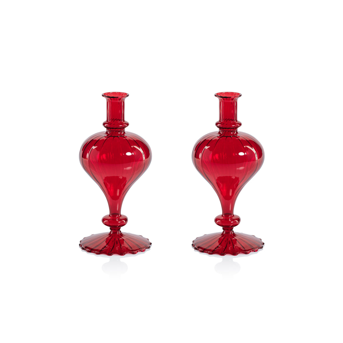 Zodax Vellum 2-Piece Set Small Red Spiral Glass Vases, Turnip Shape, Small, Red