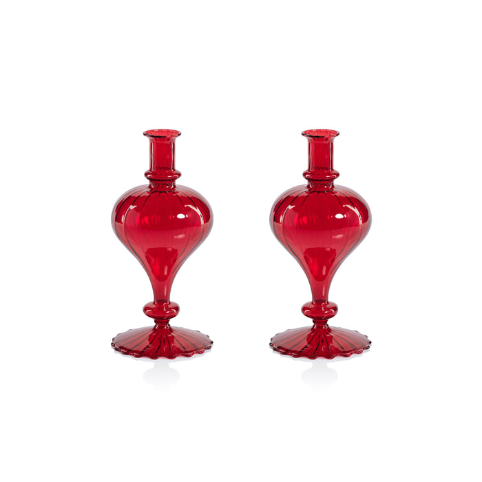 Zodax Vellum 2-Piece Set Small Red Spiral Glass Vases, Turnip Shape, Small, Red