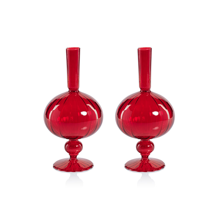 Zodax Vellum 2-Piece Set Large Red Spiral Glass Vases, Onion Shape, Large, Red