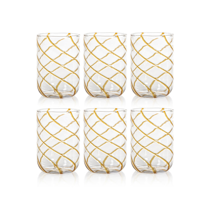 Zodax Maltia 6-Piece Set Swirl Design Glass Tumblers, Amber