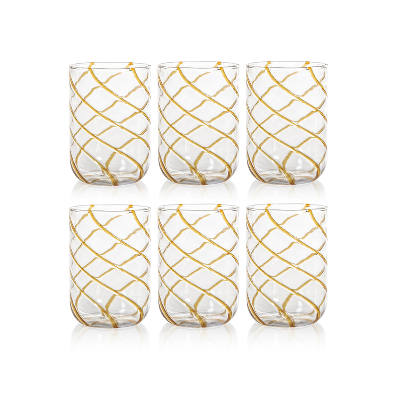 Zodax Maltia 6-Piece Set Swirl Design Glass Tumblers, Amber