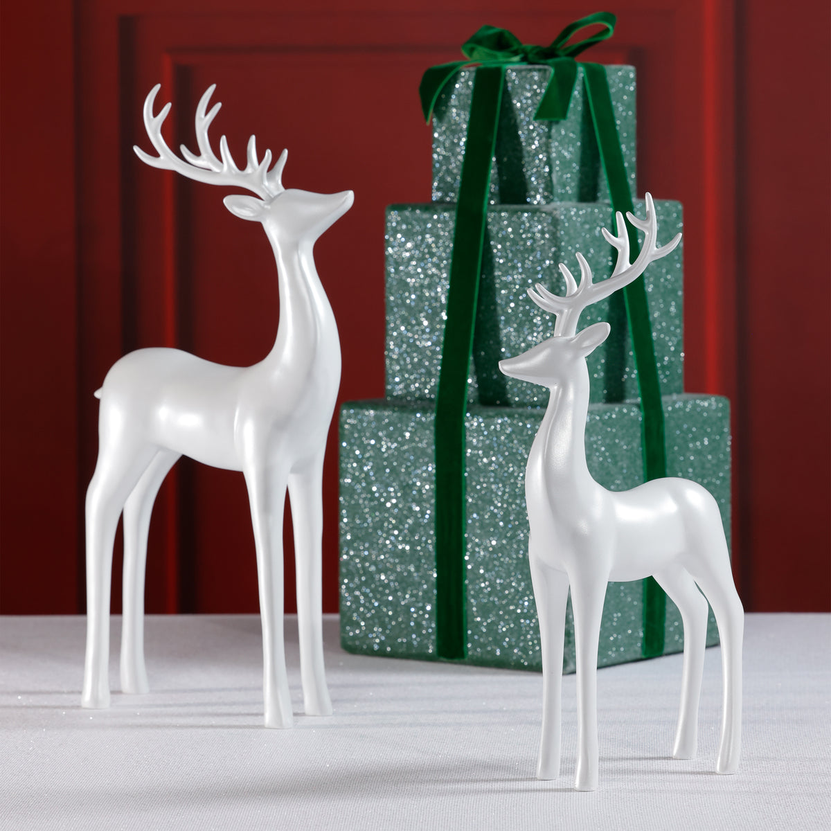 Zodax Pearl White Deer Figurines, Set of 2, Elegant Holiday Décor, 13" & 16.5" Tall