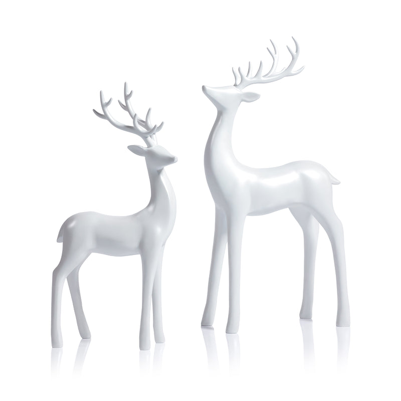 Zodax Pearl White Deer Figurines, Set of 2, Elegant Holiday Décor, 13" & 16.5" Tall