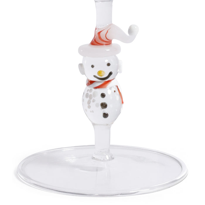 Clear glass snowman wine glass holder on a white background