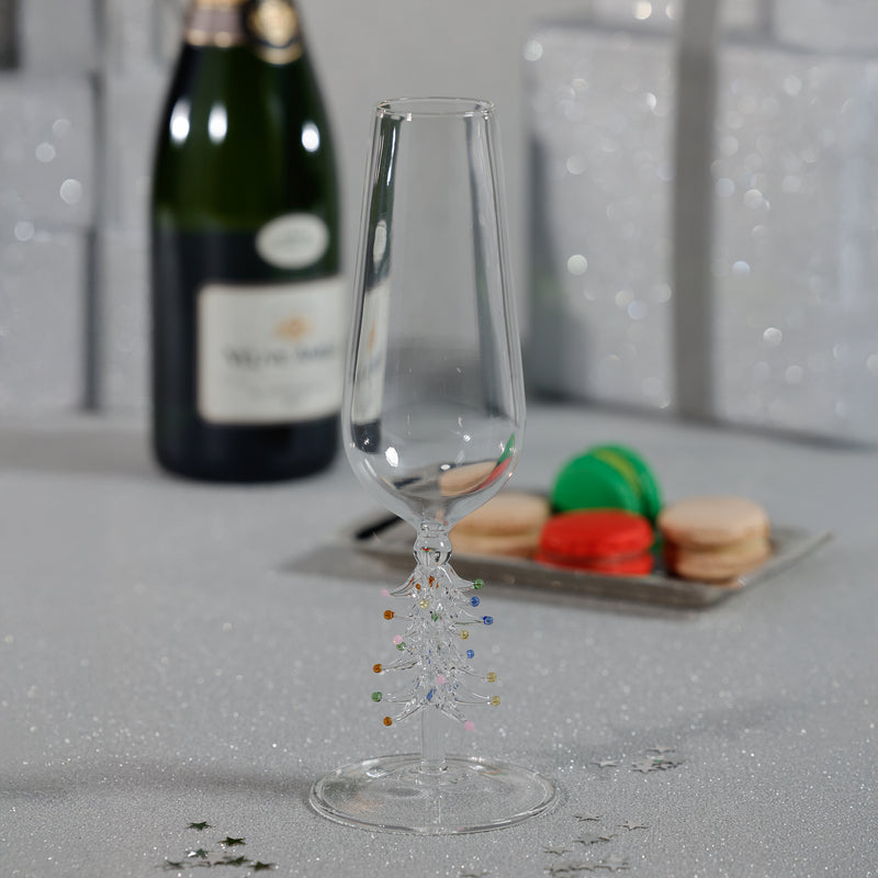 Zodax Treetop Cheers Glass Champagne Flutes - Holiday Stemware, Set of 4, Clear