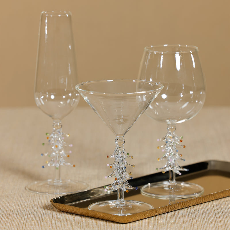 Zodax Treetop Cheers Glass Champagne Flutes - Holiday Stemware, Set of 4, Clear