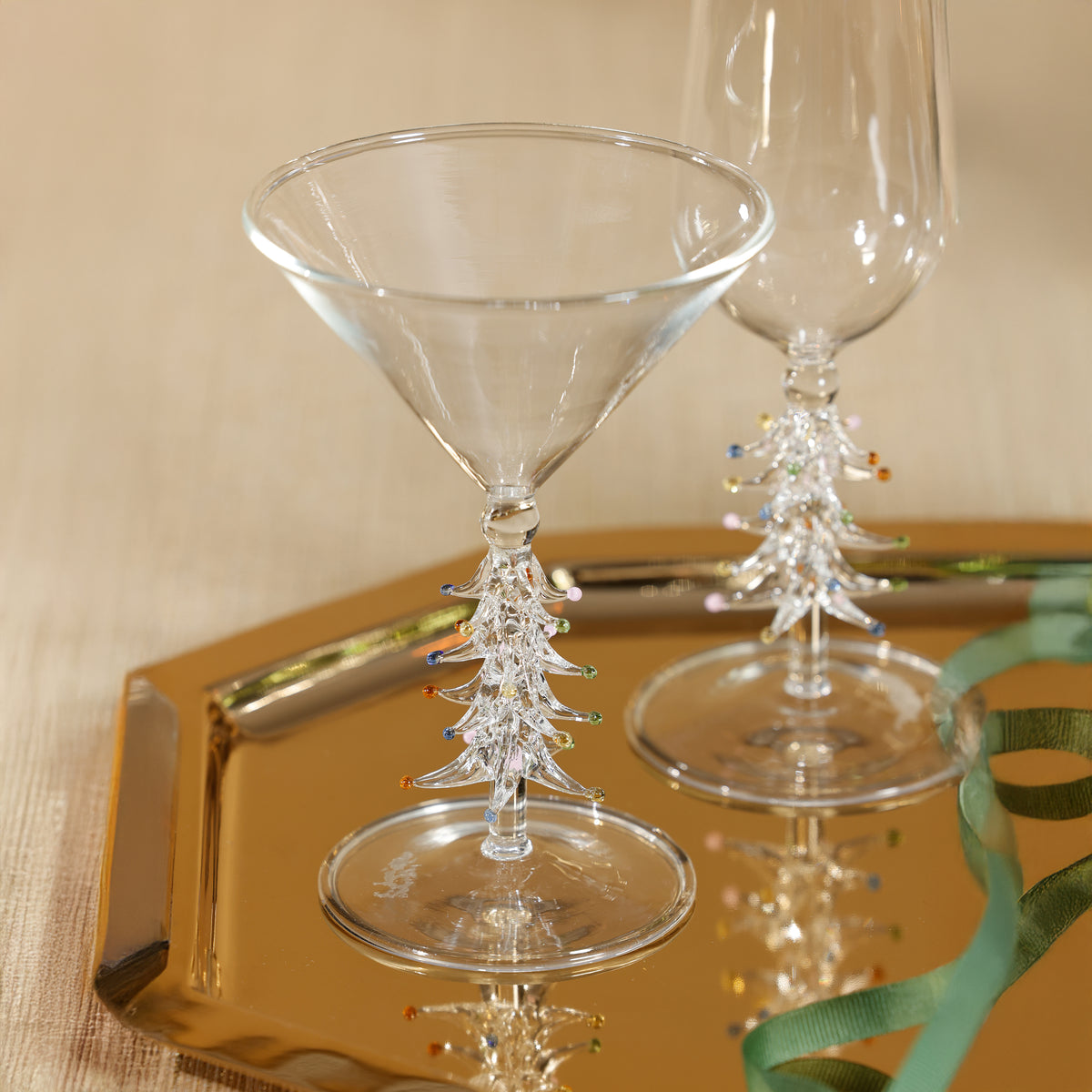 Zodax Treetop Cheers Martini Glasses - Holiday Stemware, Set of 4, Clear