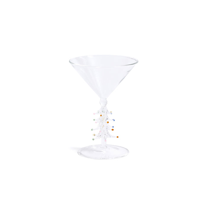 Clear martini glass with colorful beads on a white background