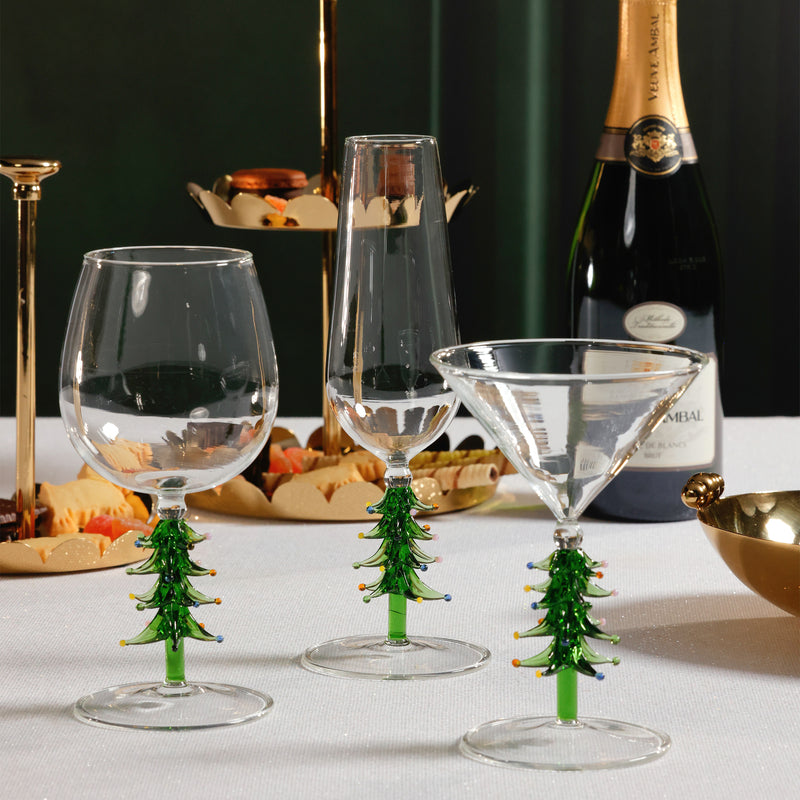 Zodax Treetop Cheers Glass Champagne Flutes - Holiday Stemware, Set of 4, Green