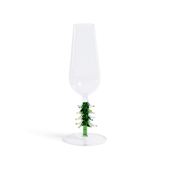 Zodax Treetop Cheers Glass Champagne Flutes - Holiday Stemware, Set of 4, Green
