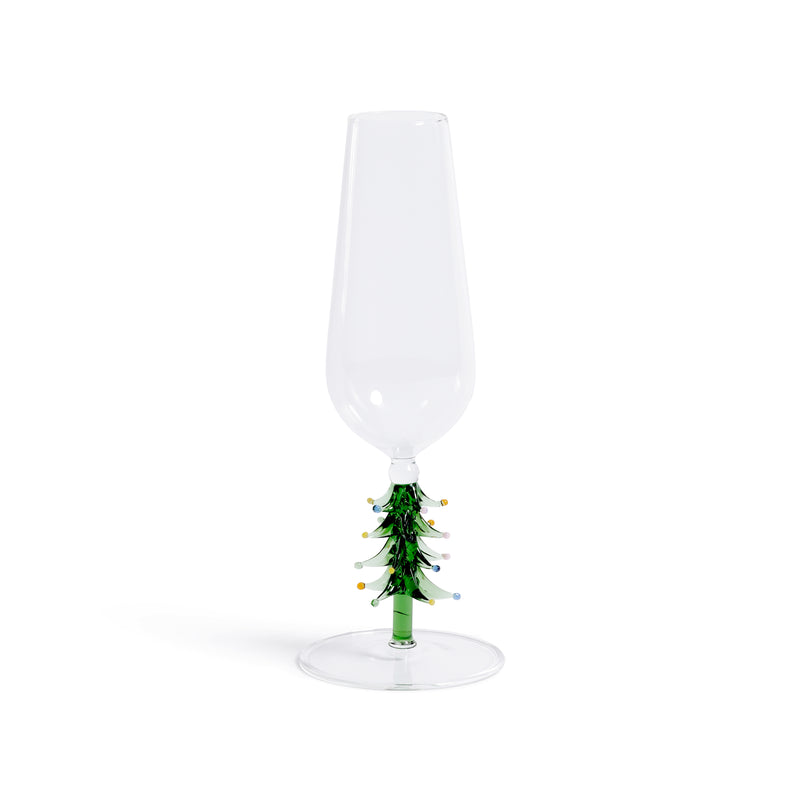 Zodax Treetop Cheers Glass Champagne Flutes - Holiday Stemware, Set of 4, Green