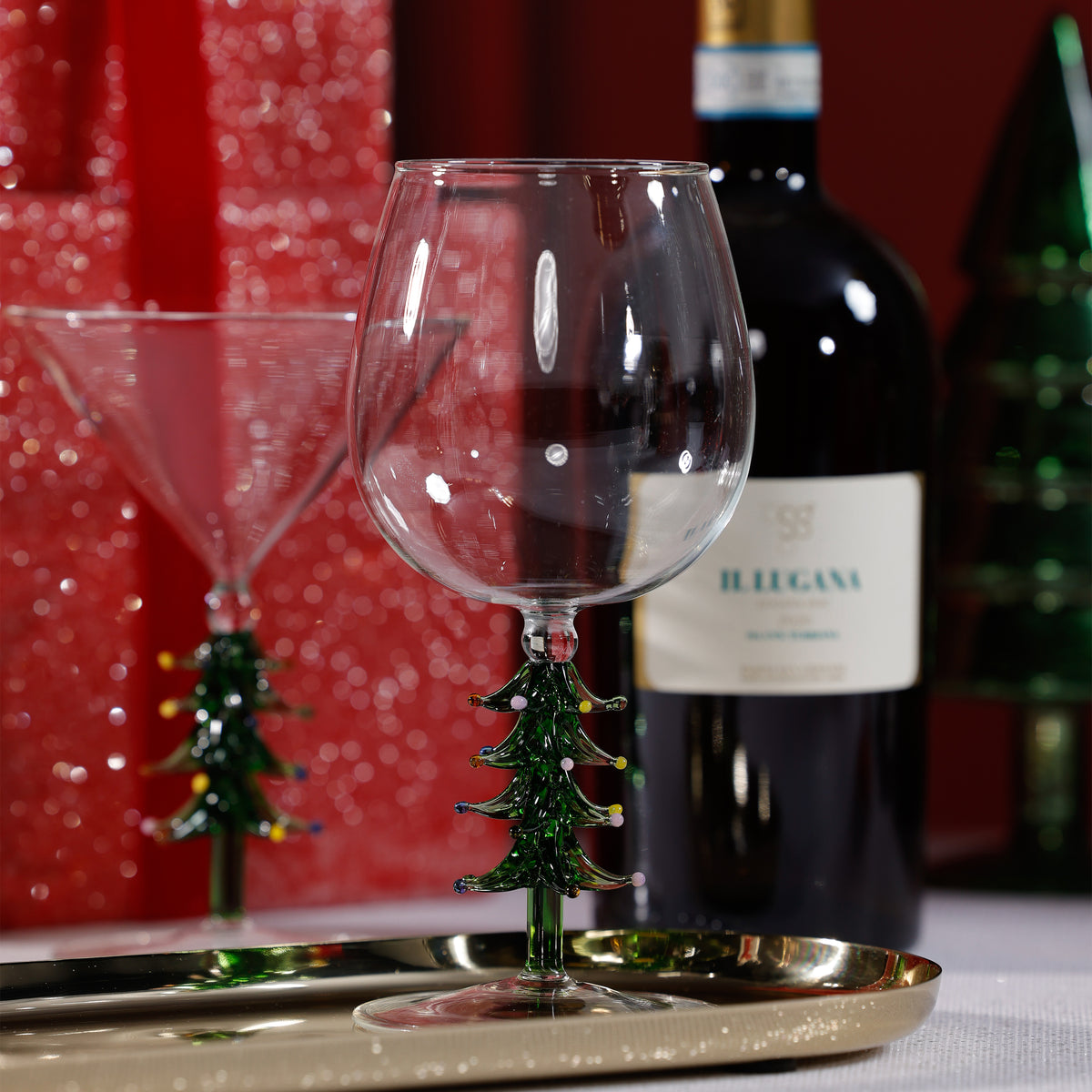 Zodax Treetop Cheers Wine Glasses - Holiday Stemware, Set of 4, Green