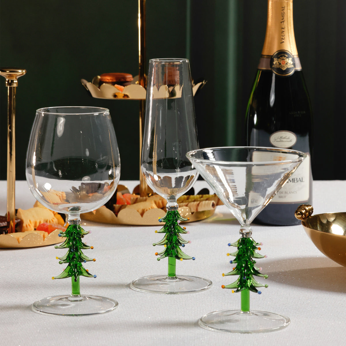 Zodax Treetop Cheers Martini Glasses - Holiday Stemware, Set of 4, Green