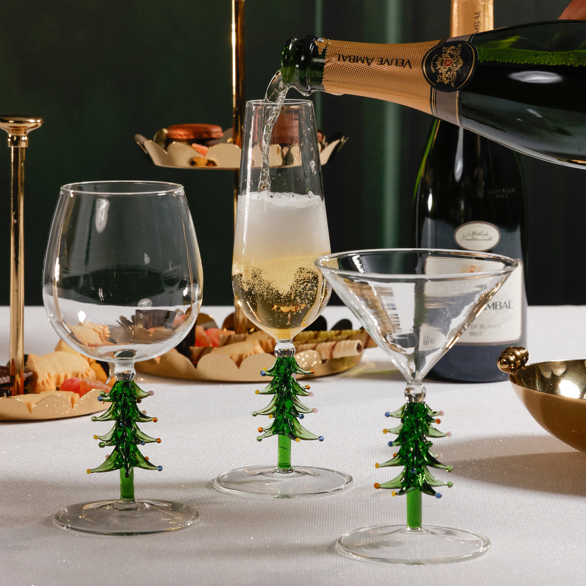 Zodax Treetop Cheers Martini Glasses - Holiday Stemware, Set of 4, Green